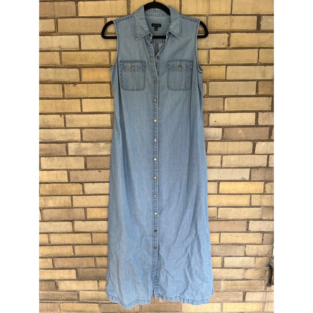 Talbots Sleeveless Chambray Denim Maxi Dress Light Wash Snap Front Blue Sz 2 XS